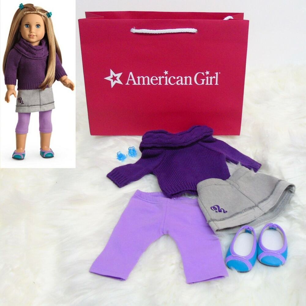 American Girl McKenna School Outfit Sweater Shoes Leggings Skirt Hair Clips Bag